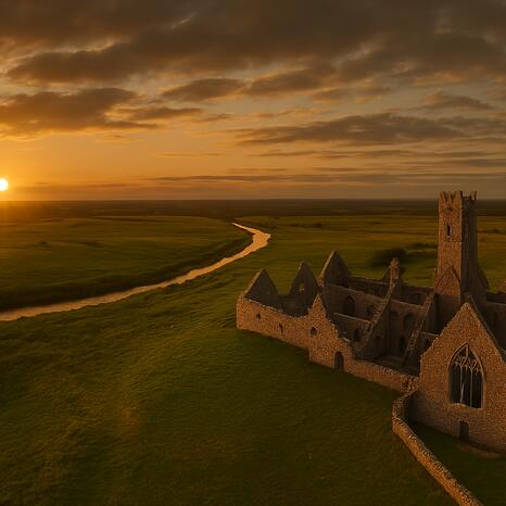 Zu sehen ist eine Landschaft in Irland. Man blickt in Vogelperspektive auf ein altes Schloss. Am Horizont geht die Sonne unter. Durch die grüne Landschaft schlängelt sich ein kleiner Fluss.